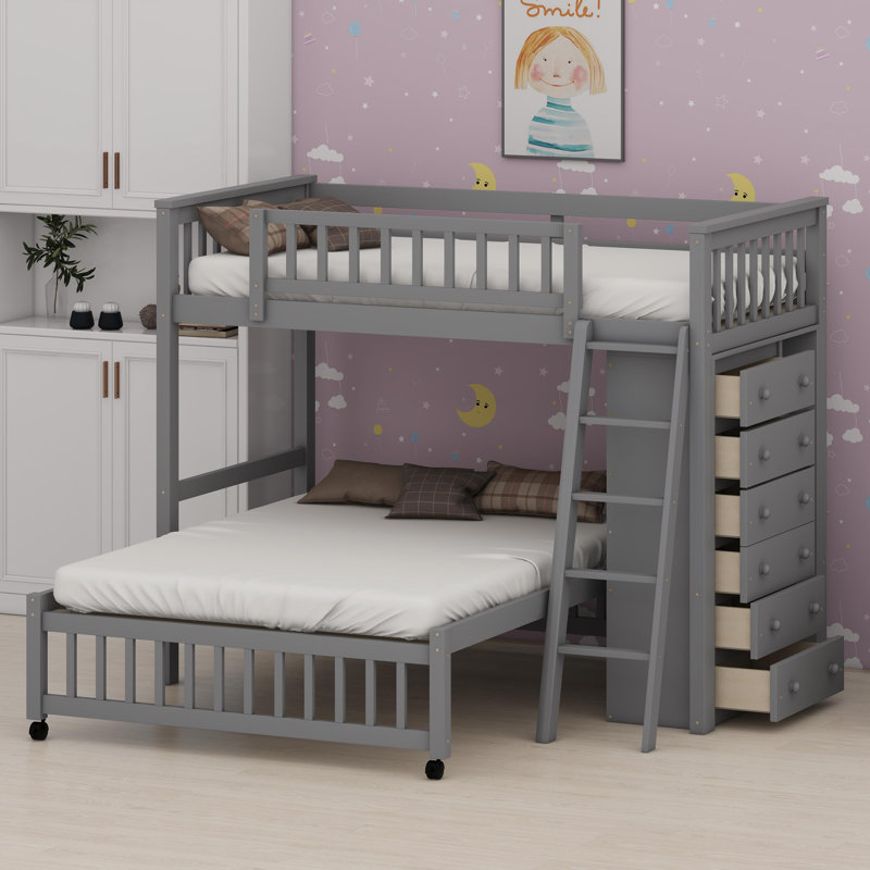 Lit superposé polyvalent avec tiroirs intégrés, tablettes mobiles et structure inférieure à roulettes, Gris