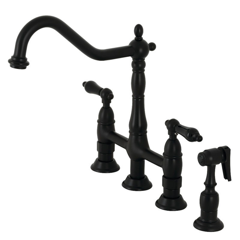 Kingston Brass Duchess Two-Handle 4-Hole Deck Mount Bridge Kitchen Faucet with Brass Side Sprayer, Matte Black