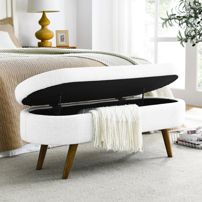 Oval White Linen With Steady Rubber Wood Legs For Function Footstool Solid Storage Bench, White