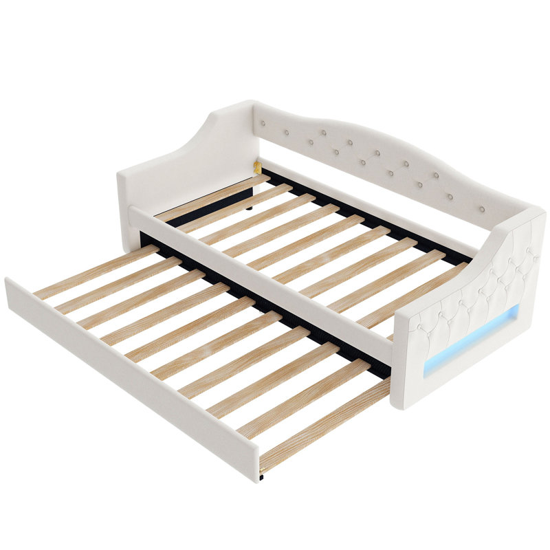 Sofa Bed Twin XL With Trundle And LED Lighting, Twin Extra-Long, Beige