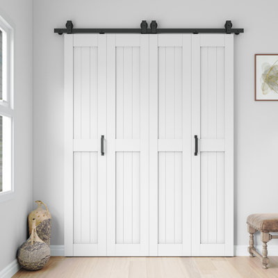 84" Manufactured Wood Double Bifold Sliding Barn Doors with Installation Hardware Kit, Top-mounted Hanger