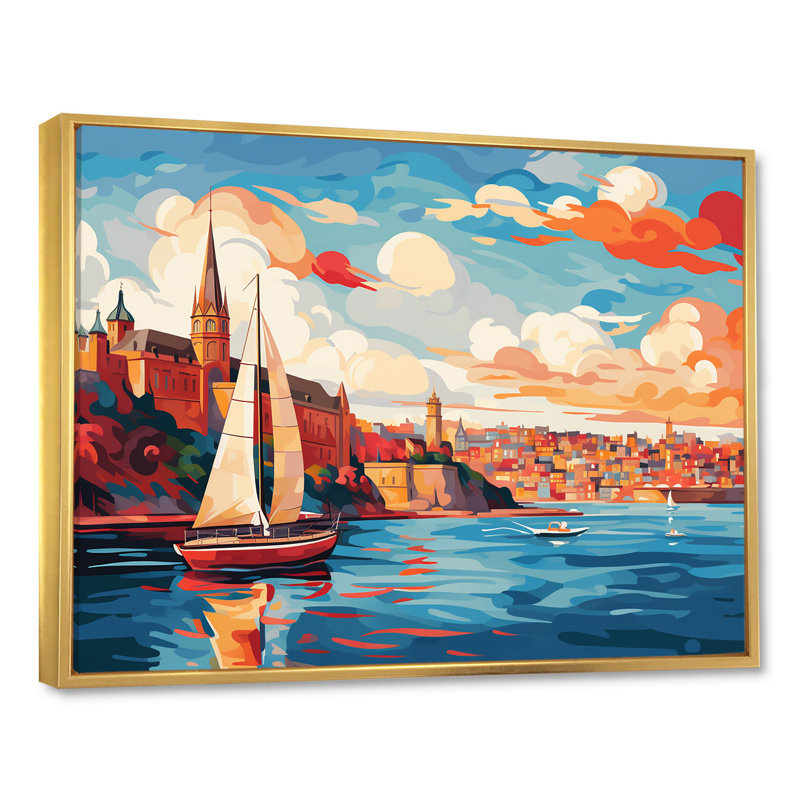 Sydney Harbour, coucher de soleil, côtes III - art mural côtier paysage portuaire, Cadre flottant doré
