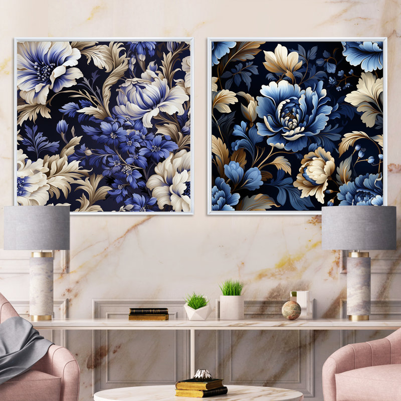 Solihull - Ensemble de 2 collages carrés floraux, Cadre flottant blanc, H 36 po x l 73 po