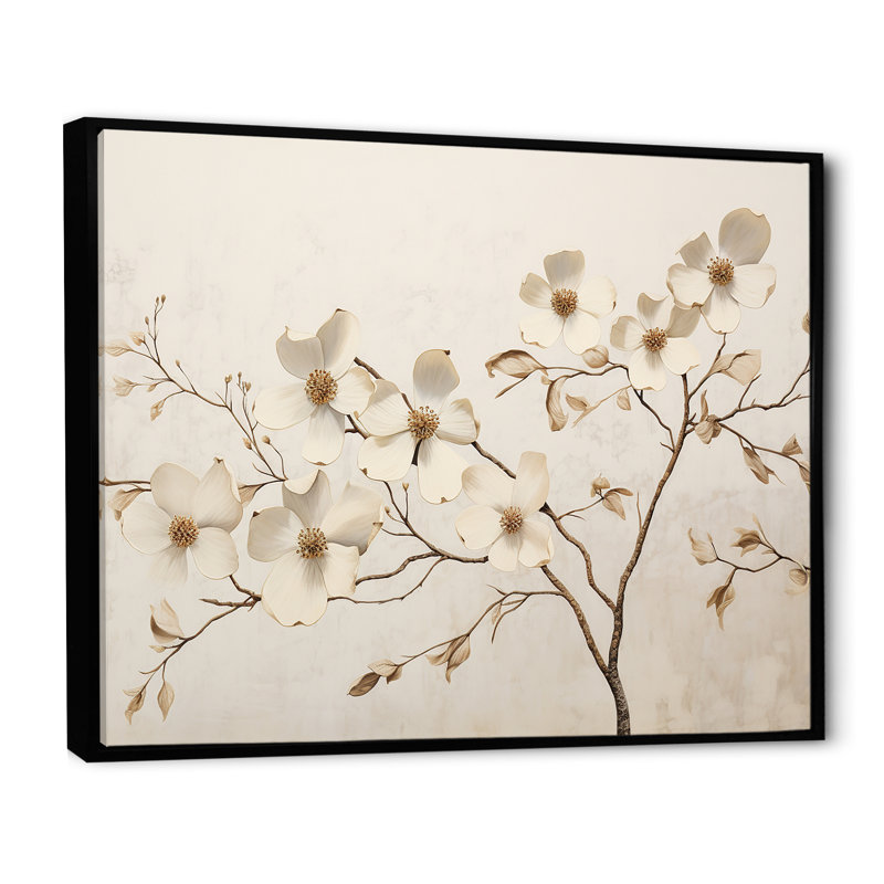 «White Dogwood Blossom Scenery VI», reproduction sur toile, Cadre flottant noir, H 24 po x l 32 po x P 1 po