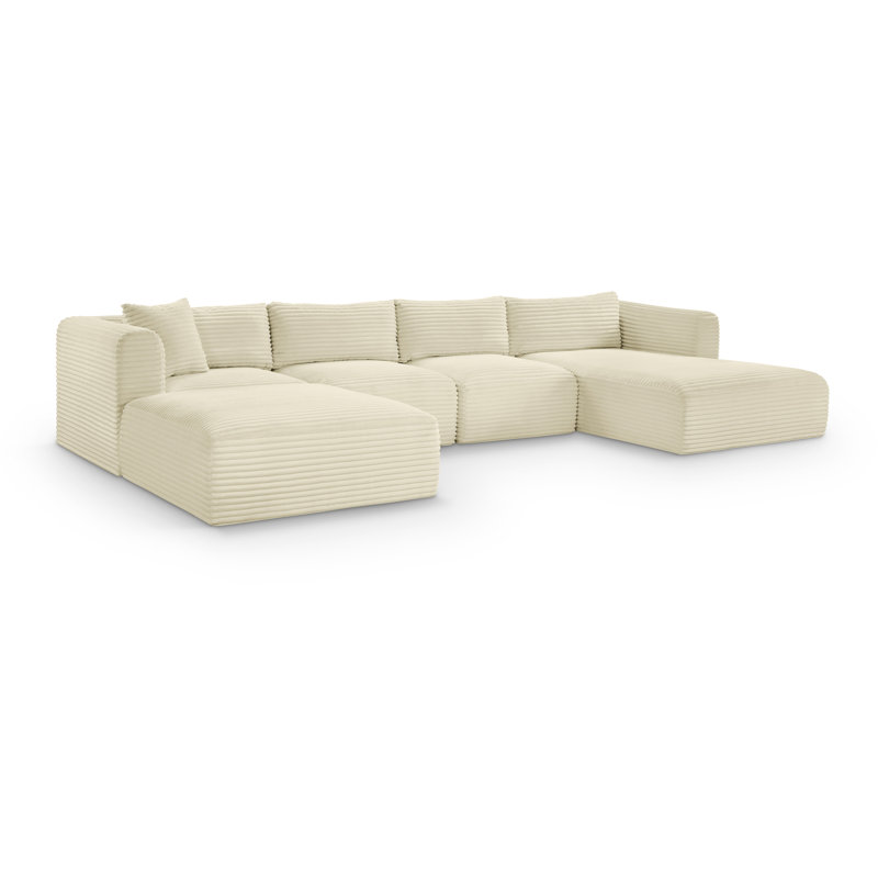 Canapé modulaire Carmean, Velours côtelé texturé crème, 2 sans accoudoirs, 1 méridienne, 1 d'angle et 1 r