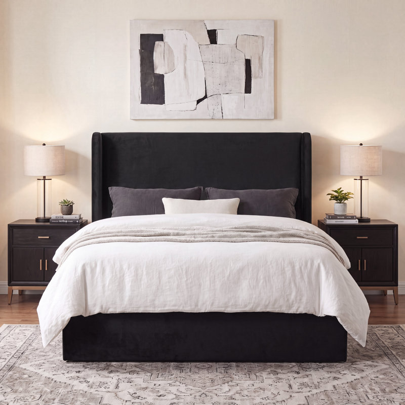 Carmen Upholstered Wingback Bed, King, Black Velvet