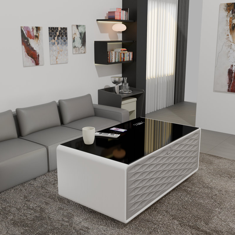 Smart Coffee Table with Fridge, Wireless Charging and Speakers, White