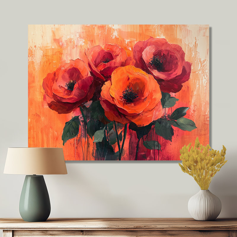 Fleurs, roses, coucher de soleil, bouquet de fleurs - art mural floral, H 24 po x l 32 po, Toile tendue, Ne s’applique pas