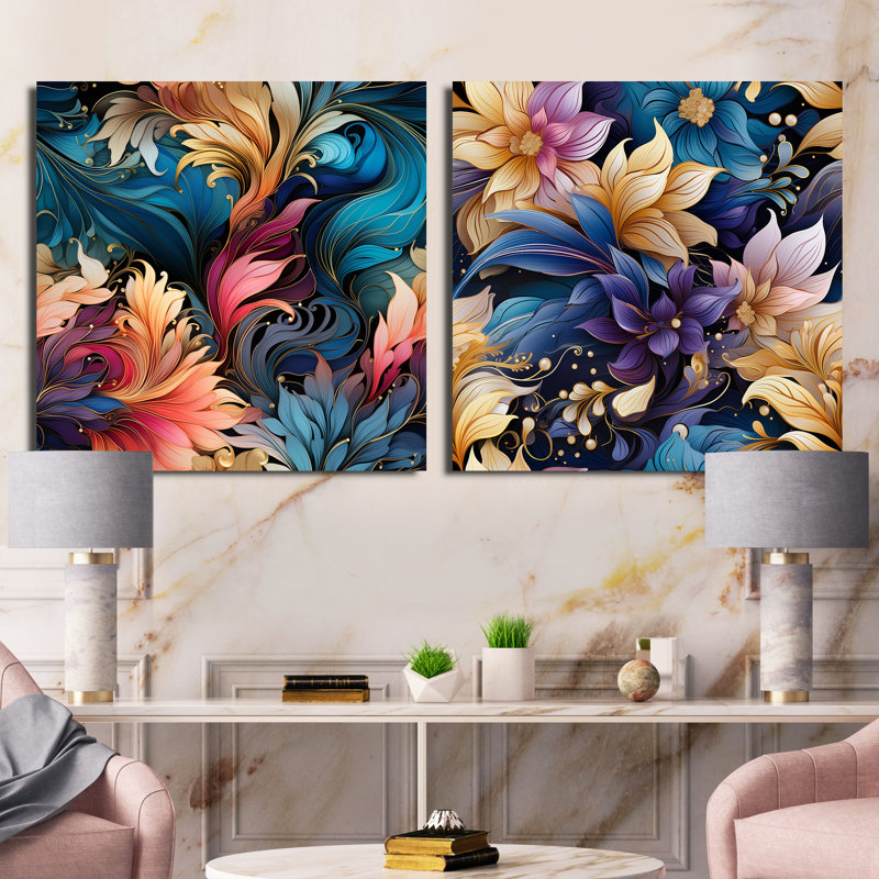 Newent - Ensemble de 2 collages floraux et botaniques carrés, Toile tendue, H 36 po x l 73 po