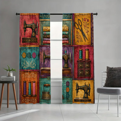 Ensemble de 2 rideaux occultants à motif rétro machine à coudre vintage, boutons, fil, ciseaux, fer à repasser, style passe-tringle, parfaits pour le salon, la chambre, la salle à manger, le bureau, et pour une décoration intérieure esthétique.
