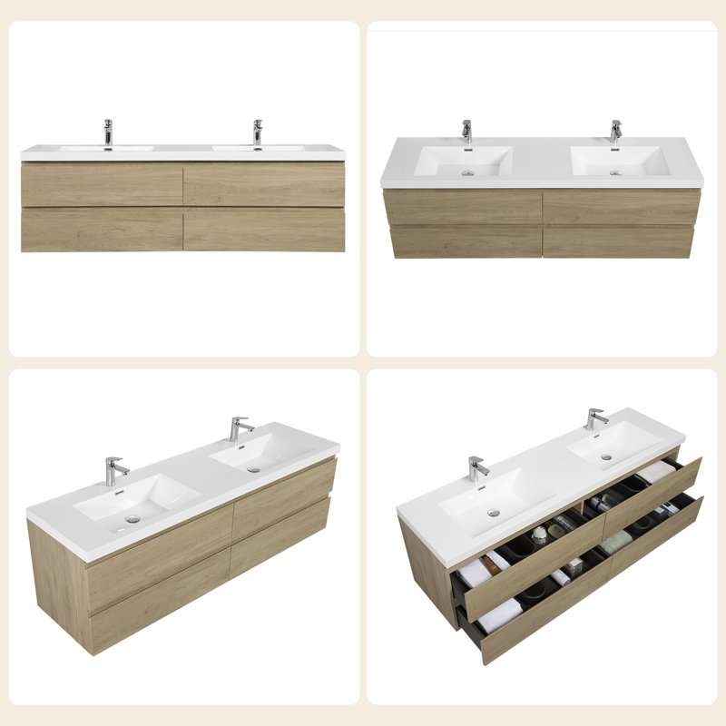 72" Floating Bathroom Vanity With Sink, Oak