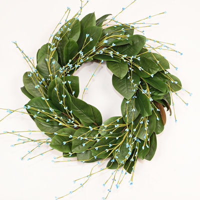 24" Artificial Farmhouse Magnolia Leaf Wreath Greenery Foliage Twig Berry Fall Winter Christmas Holiday Decor