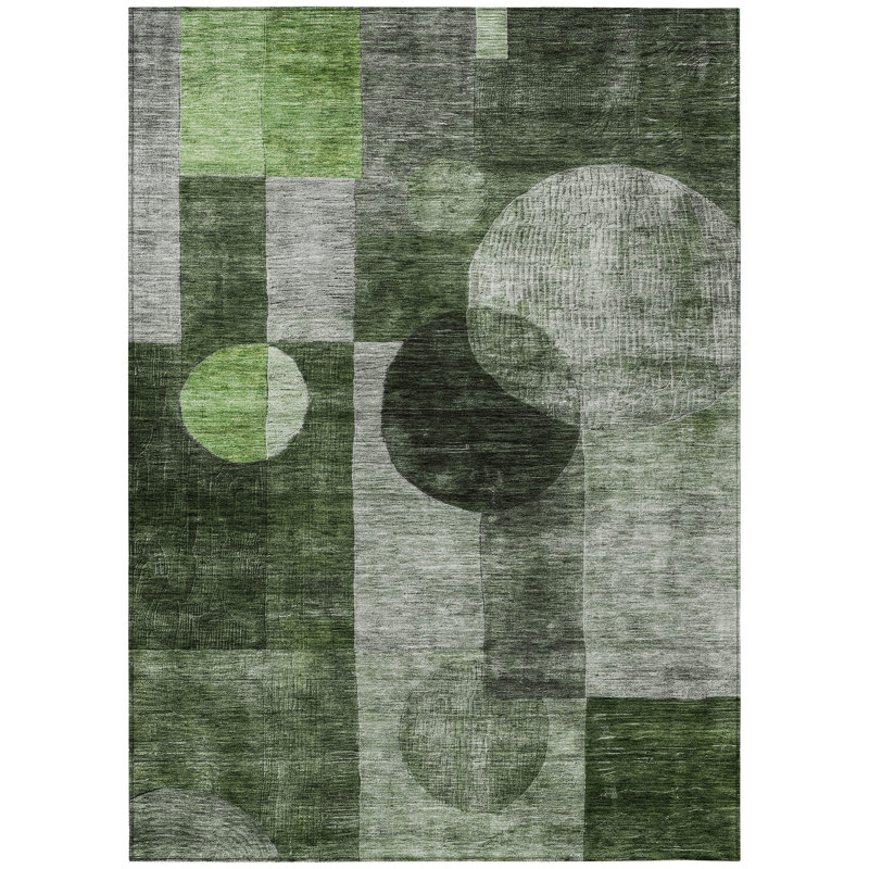 Machine Washable Green and Gray Geometric Fern Rug