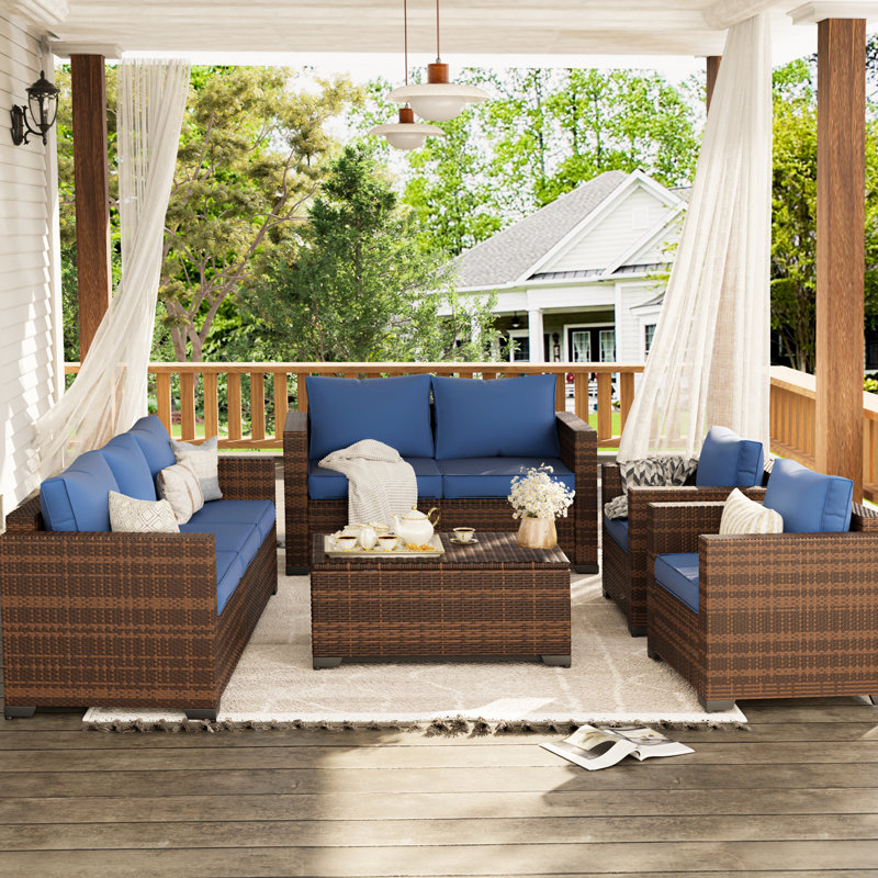 5-Pieces Wide Armrest Outdoor Sectional Rattan Conversation Set with Storage Table., Navy