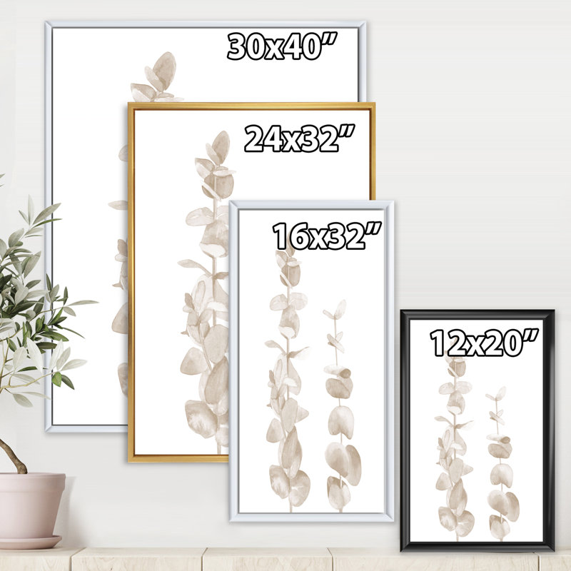 Branches d'eucalyptus beige sur fond blanc - reproduction de cadre flottant sur toile, H 40 po x l 30 po x 1,5 po