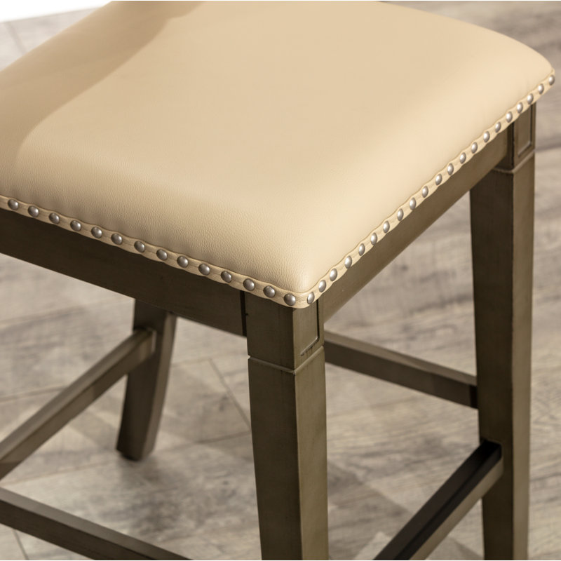 Upholstered Counter Stool with Solid Wood Frame, Leather-Antique White/Gray