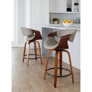 Symphony 24" Mid-Century Modern Fixed-Height Counter Stool With Swivel In Walnut Wood And Pewter Grey Faux Leather With Round Black Metal Footrest - Set Of 2 (Set of 2)