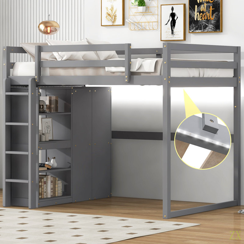 Lit mezzanine double en bois avec garde-robe intégrée et tablettes de rangement, lumière DEL, Grey