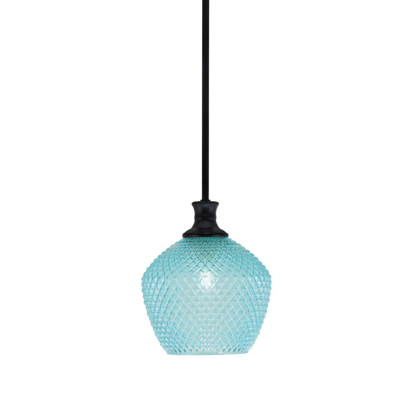 Luminaire suspendu Quapaw avec verre texturé turquoise, Noir mat, H 10,5 po x l 9 po x P 9 po