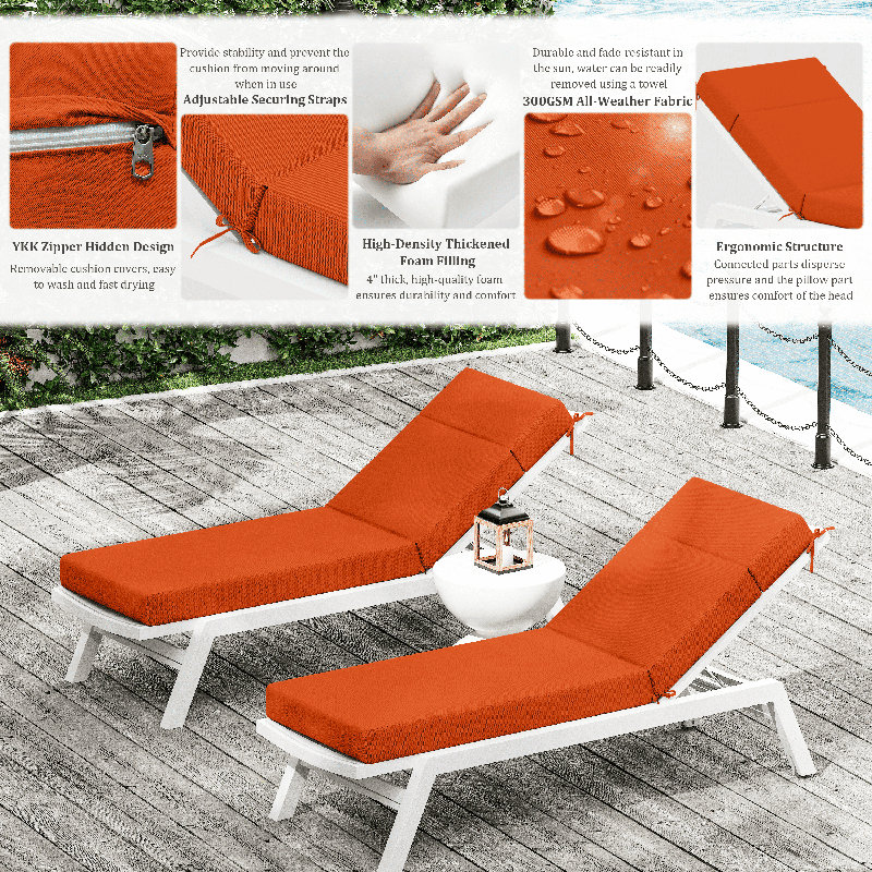Outdoor Orange Polyester Chaise Lounge Cushions Set of 2