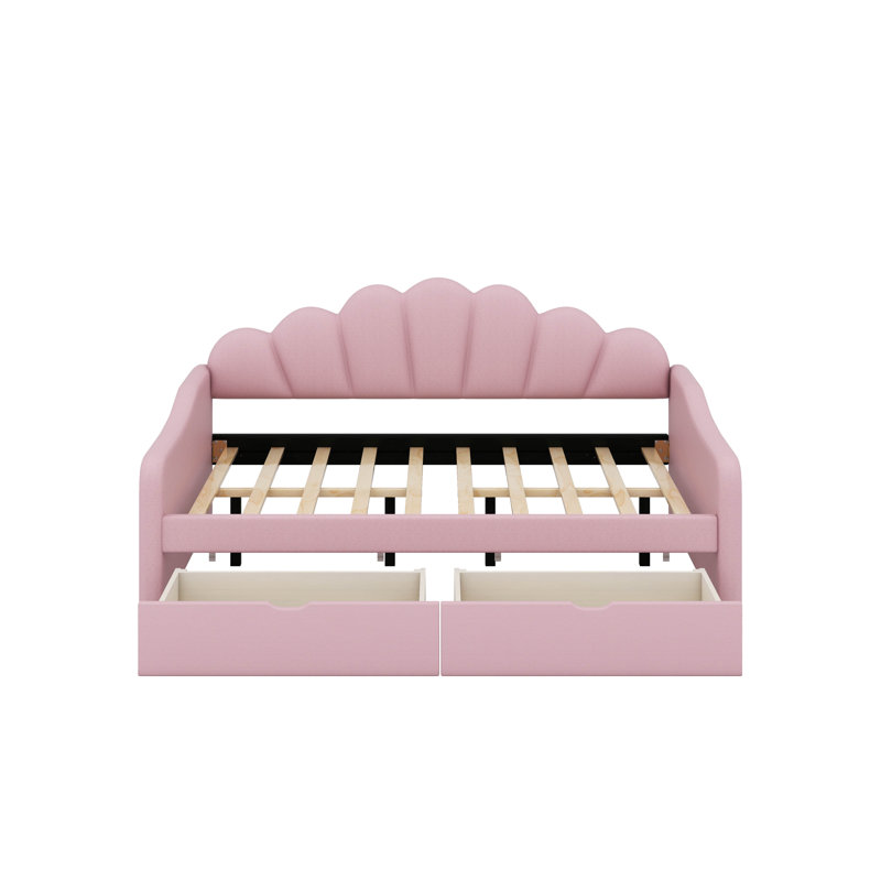 Full Size Upholstery Daybed With Shall Shaped Backrest And 2 Drawers, Pink