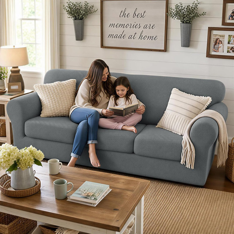 Housse de canapé super extensible pour canapé 3 coussins, protecteur de meubles antidérapant doux, ensemble de 4 pièces, gris clair