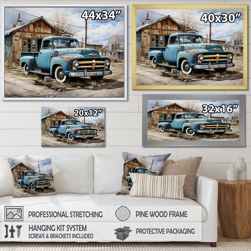 Camionnette bleue au bord de la route, nostalgie, Toile tendue, H 12 po x l 20 po x P 1 po