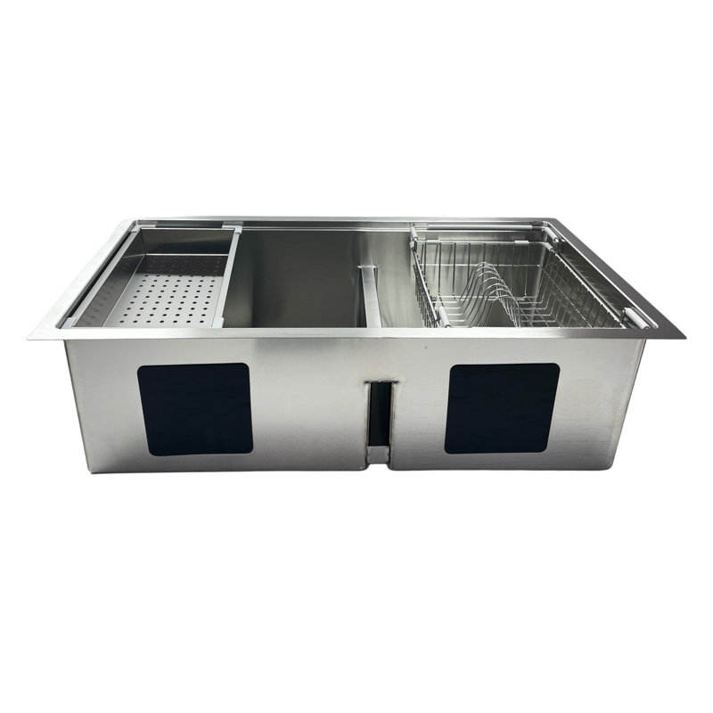 Station de travail sous-comptoir en acier inoxydable pour évier de cuisine - double cuve 60/40 de 34 pouces avec accessoires