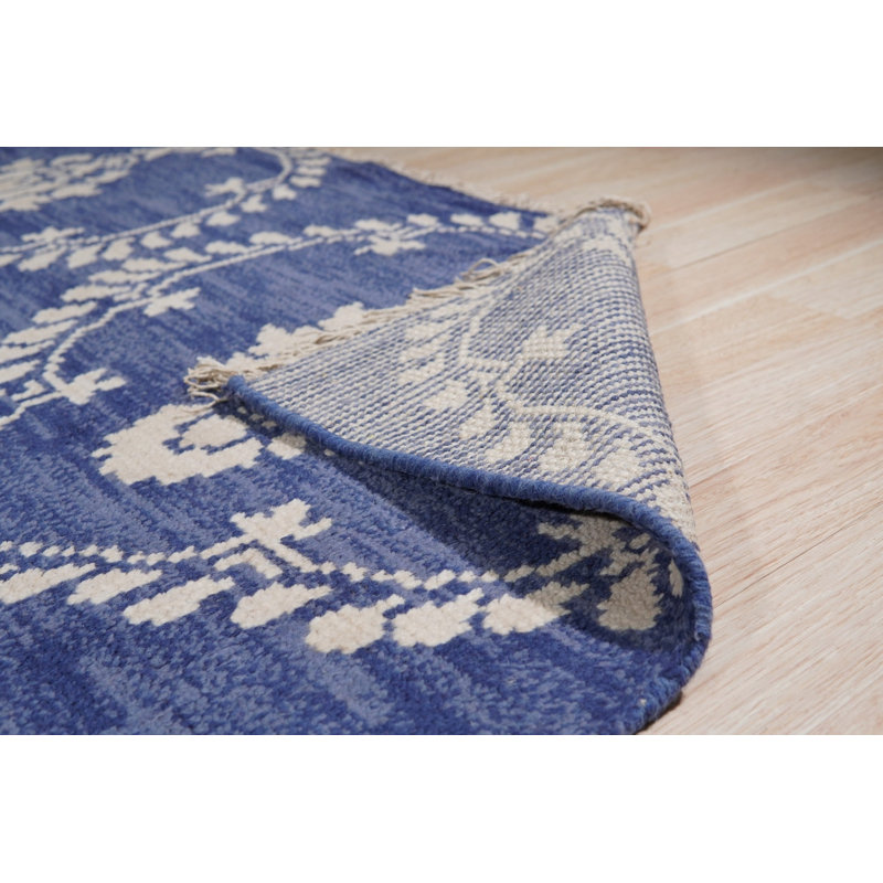 Blue Hand-Knotted Wool Floral Trelliswork Geometric Modern Contemporary Carpet Rug, 6' x 9'