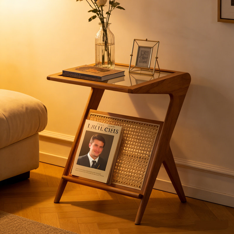 Table d'appoint en bambou en forme de Z avec plateau en verre trempé et tablette de rangement en L Boho