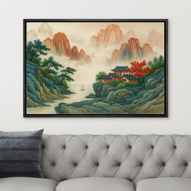 «Asian Mountain Village Lakeside Landscape Art», reproduction d'art sur toile encadrée dans la chambre principale, Noir