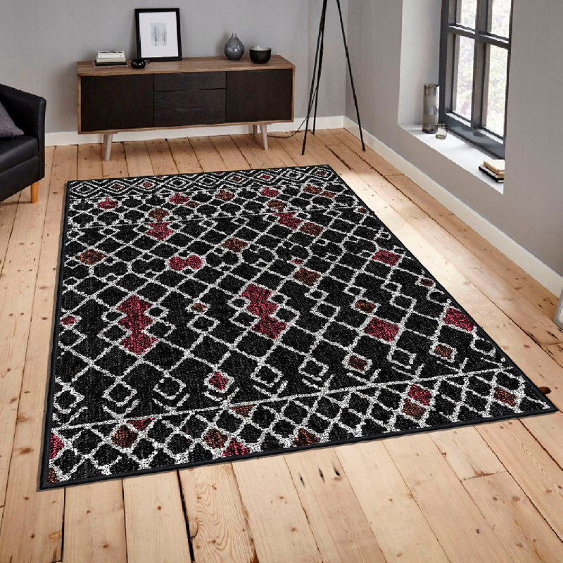 Warenne Luxurious Cotton Area Rug, 23.6 x 39.4 inches | 100% Cotton, 1.3 lbs/sq ft, Pile Height: 0.4 inches | Antibacterial, Non-Slip PVC Underside, Machine Washable | Elegant White, Red, and Black Design for Home Decor