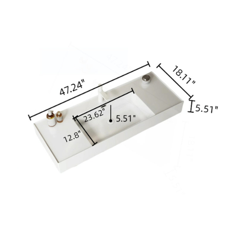 Meuble-lavabo 48 po avec lavabo vasque, lavabo intégré mural rectangulaire en acrylique blanc flottant sans robinet, tablette rayée, couleur grain de bois naturel