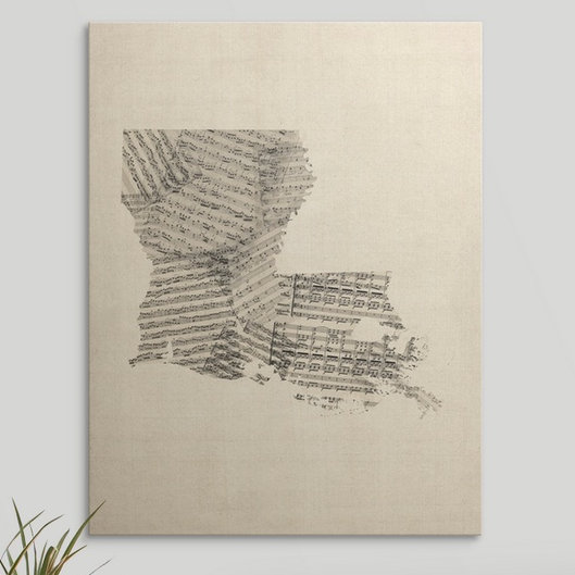 «Francy Old Part Music Map of Louisiana» par Aniesha, impression sur toile, H 36 po x l 27 po x 1,5 po, Toile