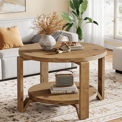 30″ Round Solid Wood Coffee Table With 2‑tier Storage