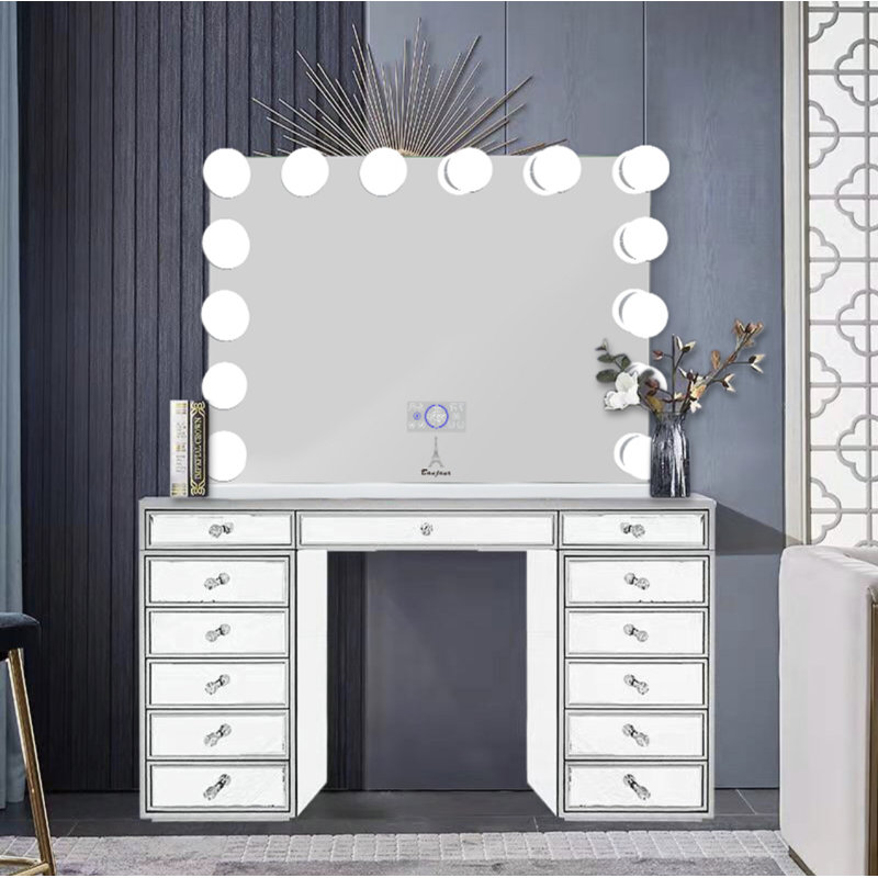 Ensemble coiffeuse Hollywood avec miroir, H 27 x l 31,5, Blanc