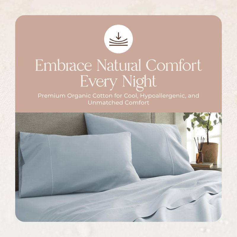 Whisper Orgnaics 100% Organic Cotton Sheets Full Size - GOTS Certified Organic Bed Sheets with Deep Pocket 500 Thread Count and Cozy Sateen Weave Gets Softer with Each Wash - Luxury 4 Piece Set (Powder, Full)