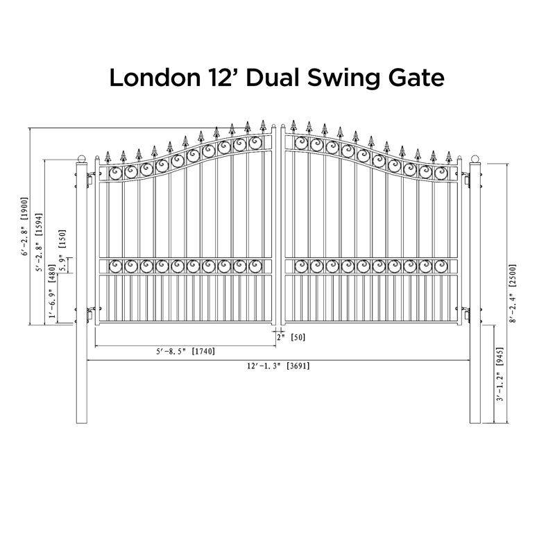 London Style Black Steel Dual Swing Driveway Gate 12 x 6 Feet