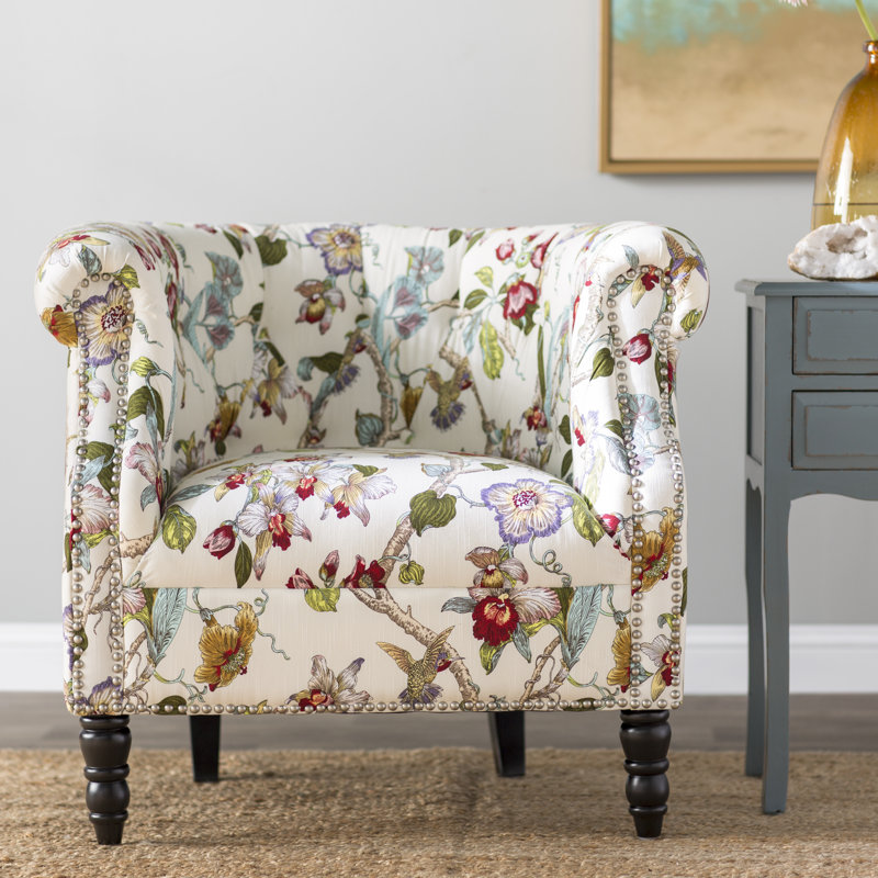 Fauteuil Chesterfield en polyester touffeté de 34 po de large Huntingdon, Polyester à motif floral multicolore ivoire crèm