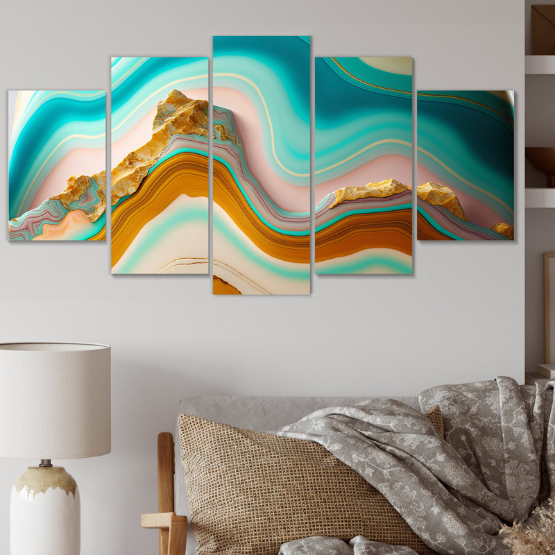 Liquide harmonie agate bleue dorée - formes murales abstraites - 5 panneaux