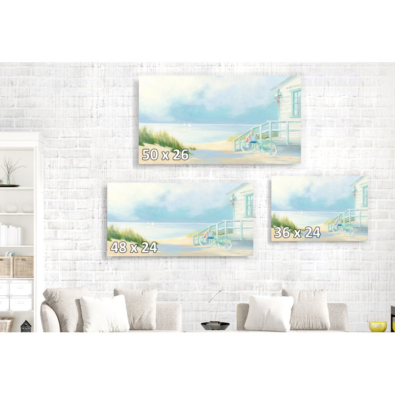 Vélo de plage, chalet, voiliers au bord de la mer, rivage, plage, gazon de plage, bleu, cyan, bleu sarcelle, vert, doux, aéré