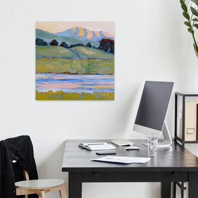 Peaceful River Mountains, paysage abstrait contemporain rustique, art mural