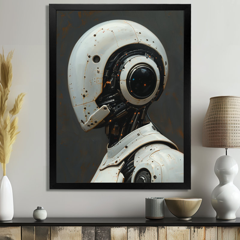 «White Grey Steel Steel Sentinel Robot - Robots», reproduction d'art mural, Cadre flottant brun, H 12 po x l 20 po