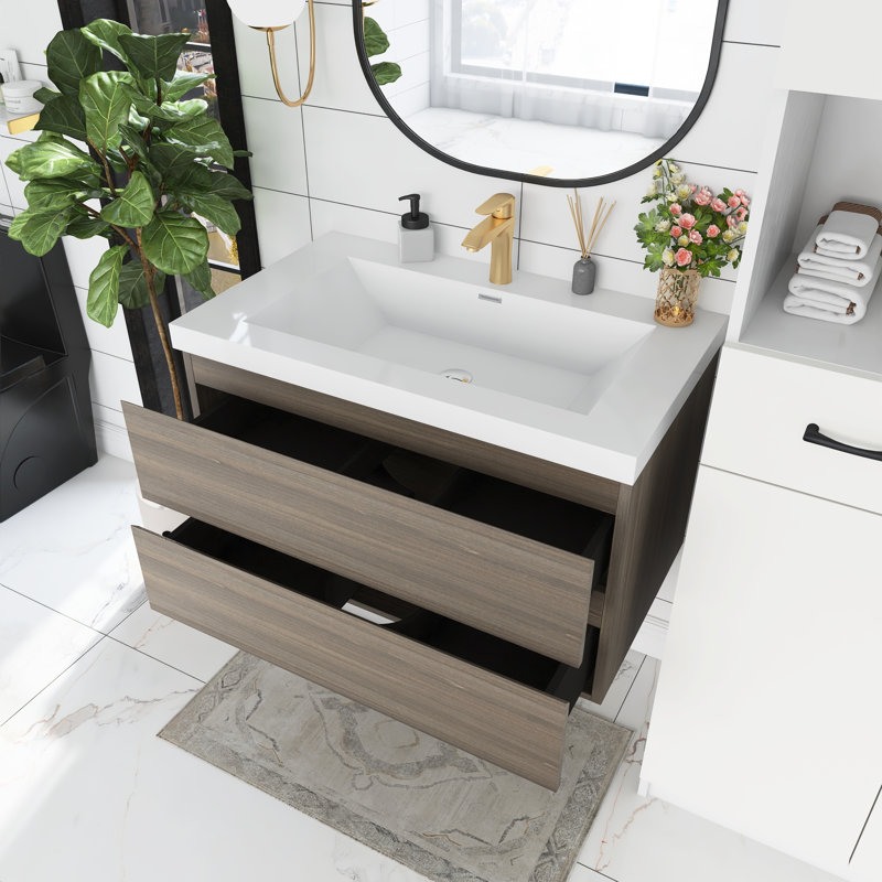 Kreelynn 36'' Single Sink Wall Mounted Bathroom Vanity with Resin Top, Ash Gray