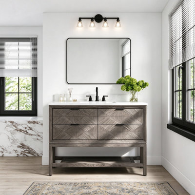 48" Freestanding Single Sink Solid Wood Gray Oak Bathroom Vanity with Engineered Marble Top