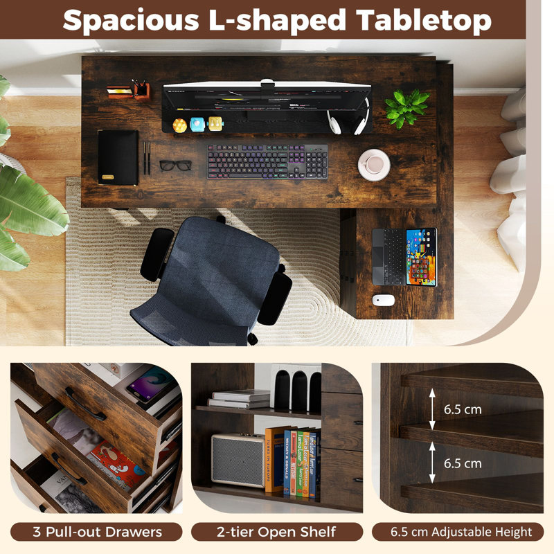 L-Shaped Metal Base Computer Desk, Brown