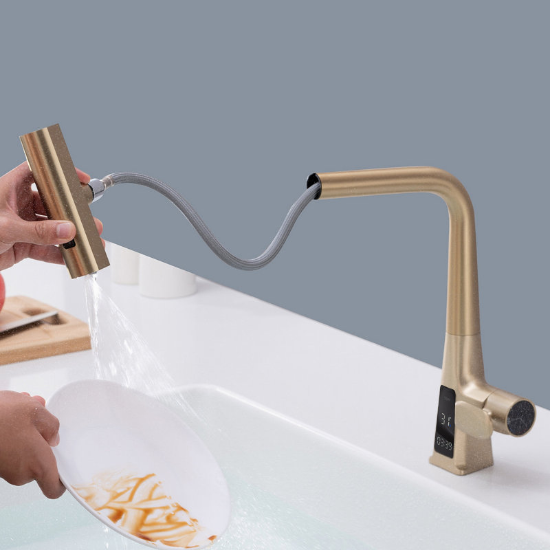 Robinet de cuisine avec affichage de la température, robinet de cuisine à poignée simple avec douchette rétractable, robinet d'évier de cuisine moderne, trois modes de sortie d'eau