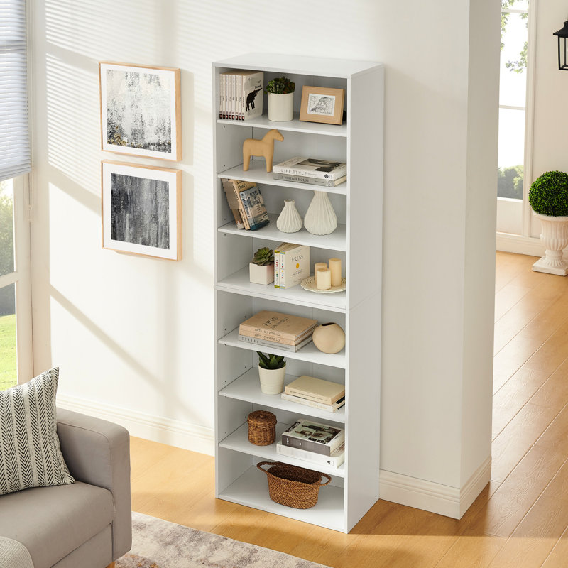 Multifunctional 8 - Layer Cd Bookcase, Adjustable Shelves, Detachable Into Two 4 , High Density , 32 Lbs Net Weight Double Shelf For And Books, Configuration, Height, White 71" Height