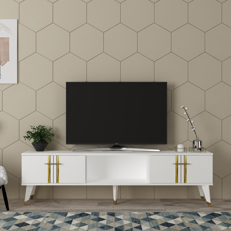 Savion Unfinished TV Stand for TVs up to 65", White/Gold