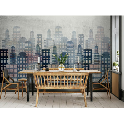 Papier peint bleu gris Misty City Skyline